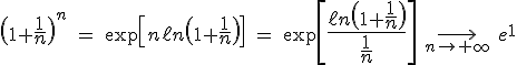 3$\(1+{4$\fr1n}\)^n\ =\ \exp\[n\ell n\(1+{4$\fr1n}\)\]\ =\ \exp\[{4$\fr{\ell n\(1+{4$\fr1n}\)}{{4$\fr1n}}}\]\ \longright_{n\to+\infty}\ e^1